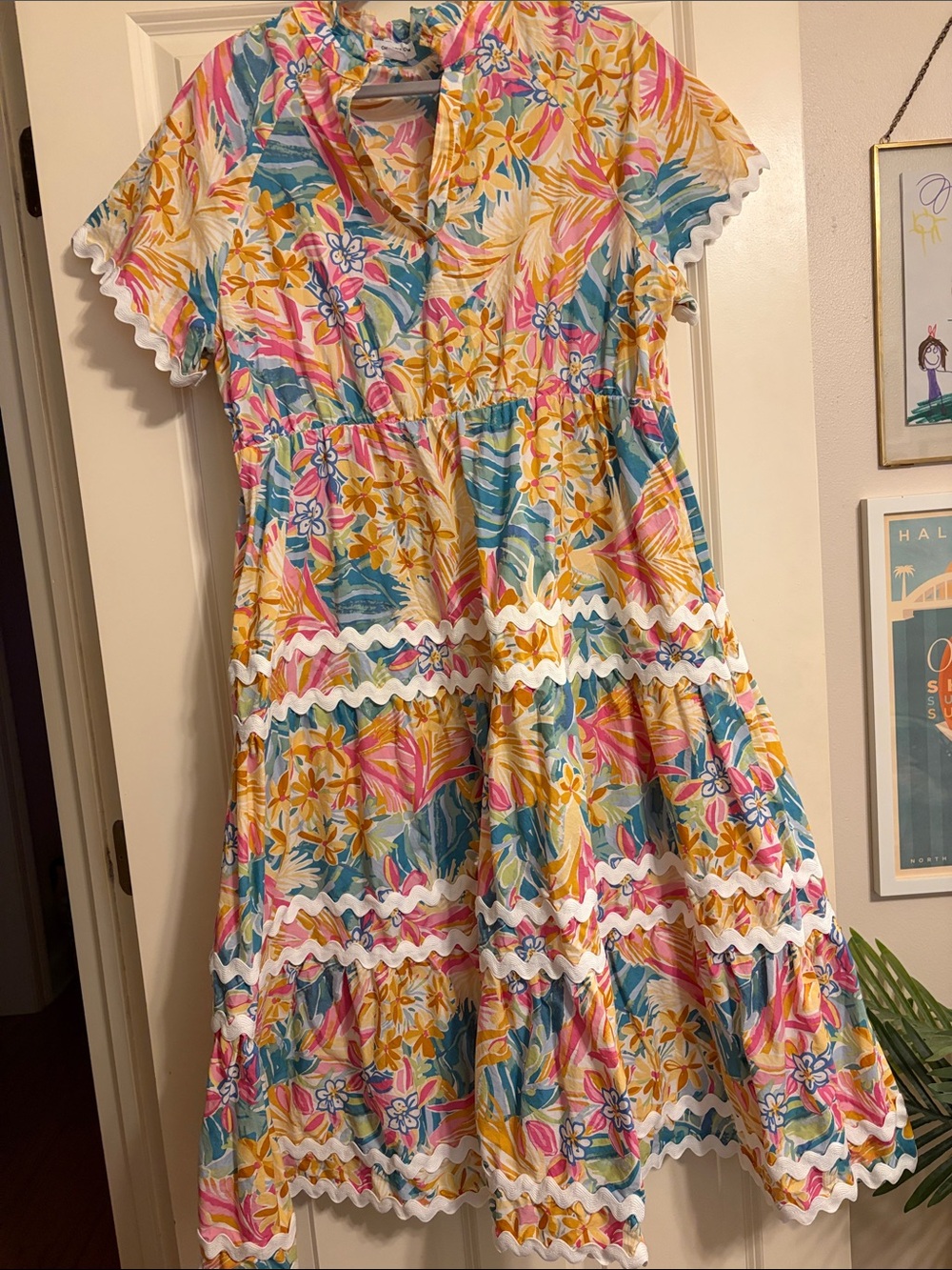 Chic Soul Pink Floral Tiered Midi Summer Dress with Ric Rac Trim